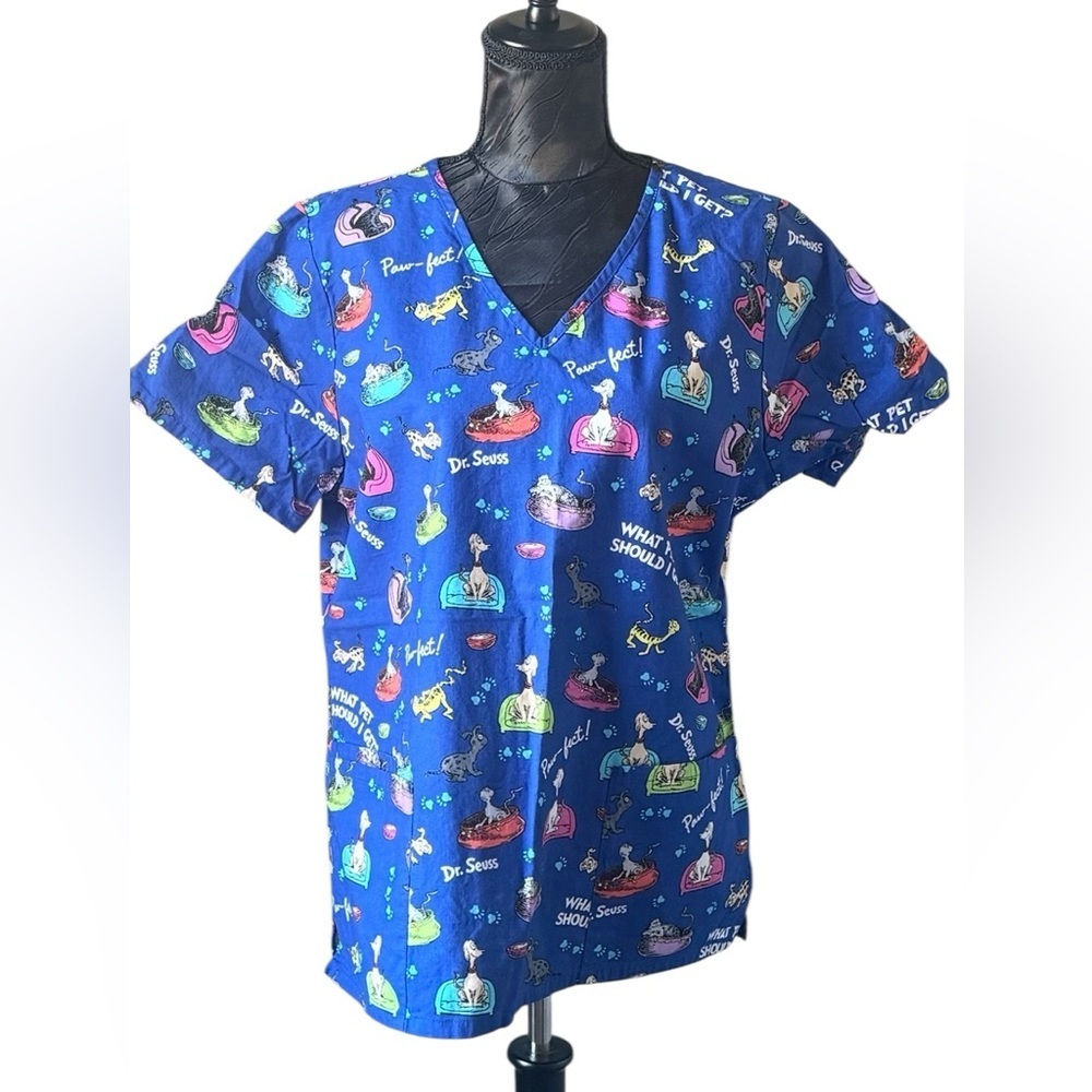 Dr Seuss Scrub Top Medium Blue Paw-fect What Pet Should I Get Nurse Vet